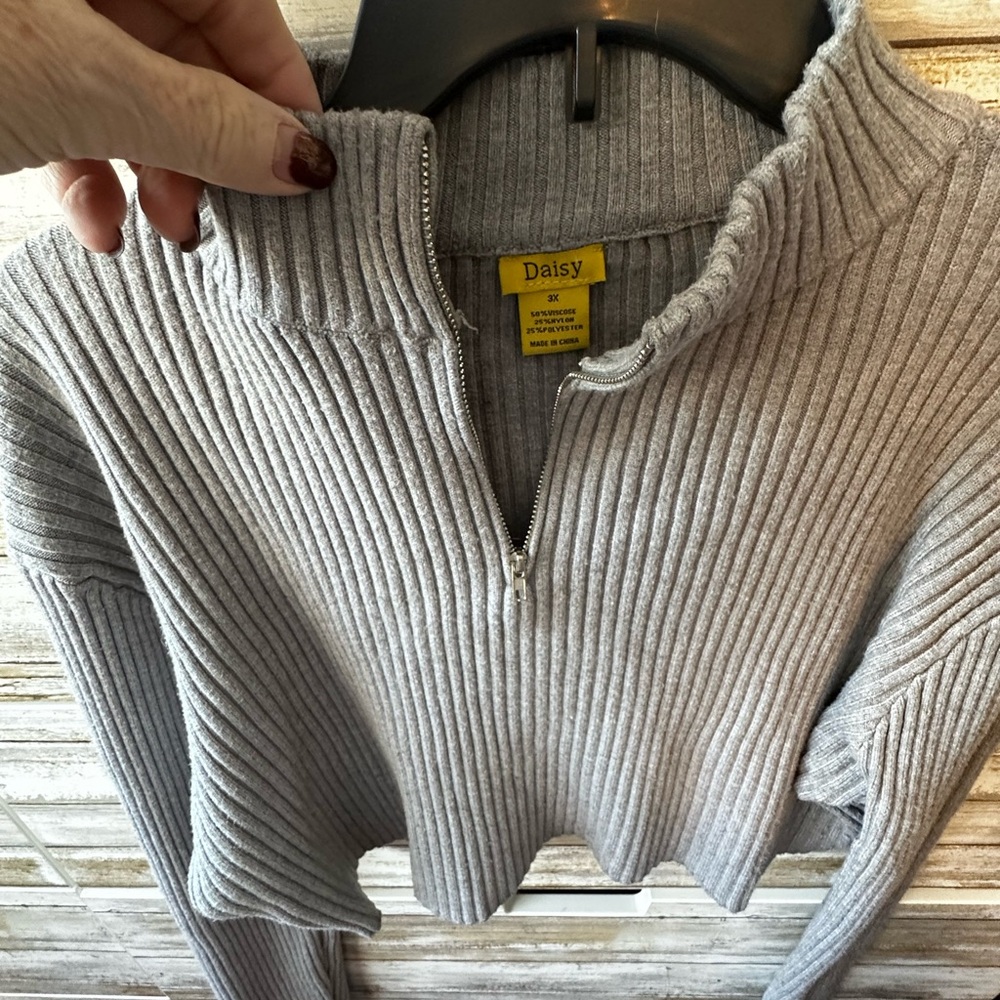 🩶 Daisy Gray Ribbed Cropped Quarter-Zip Turtleneck Sweater 3X - Picture 2 of 8